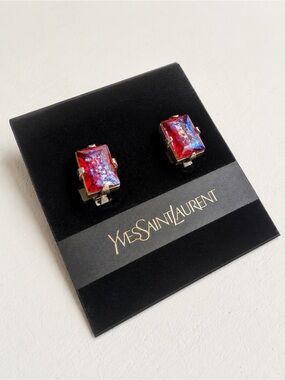 NWT YSL Yves Saint Laurent Pink Iridescent Crystal Screw Back Earrings VTG